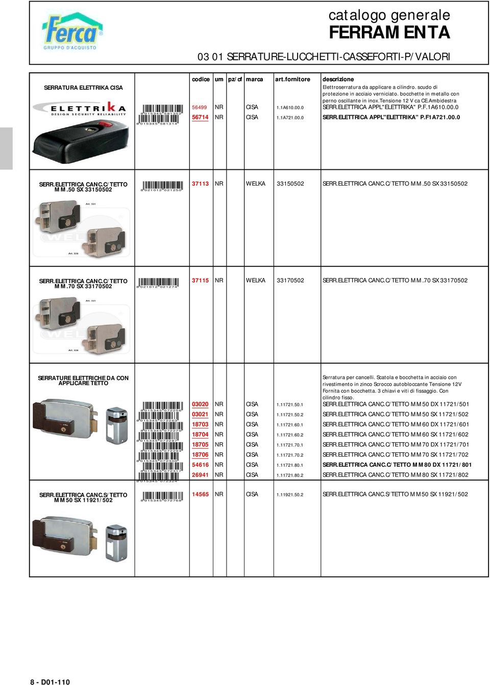 Ambidestra 56499 NR CISA 1.1A610.00.0 SERR.ELETTRICA APPL"ELETTRIKA" P.F.1A610.00.0 56714 NR CISA 1.1A721.00.0 SERR.ELETTRICA APPL"ELETTRIKA" P.F1A721.00.0 SERR.ELETTRICA CANC.C/TETTO MM.