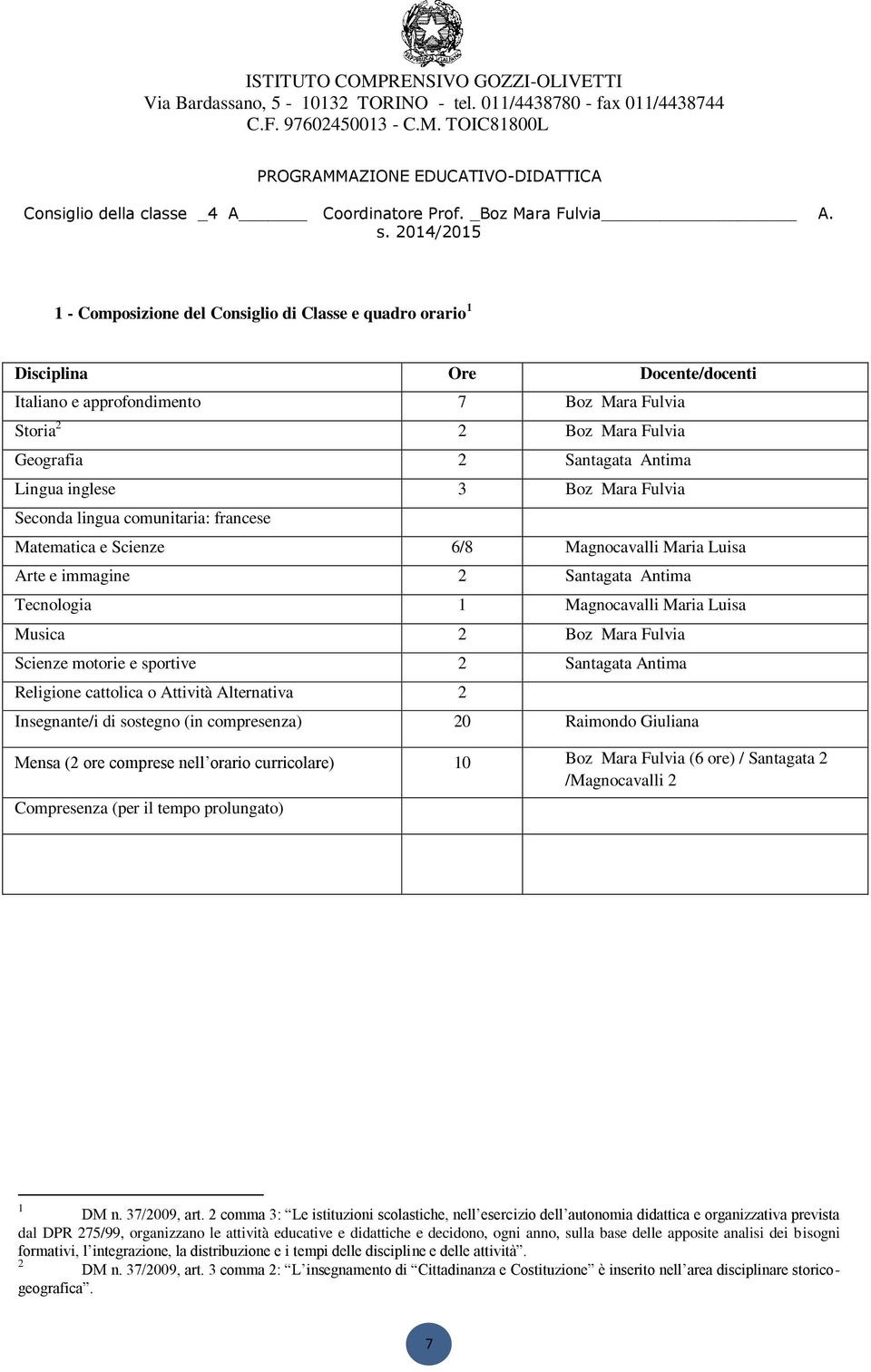 Lingua inglese 3 Boz Mara Fulvia Seconda lingua comunitaria: francese Matematica e Scienze 6/8 Magnocavalli Maria Luisa Arte e immagine 2 Santagata Antima Tecnologia 1 Magnocavalli Maria Luisa Musica