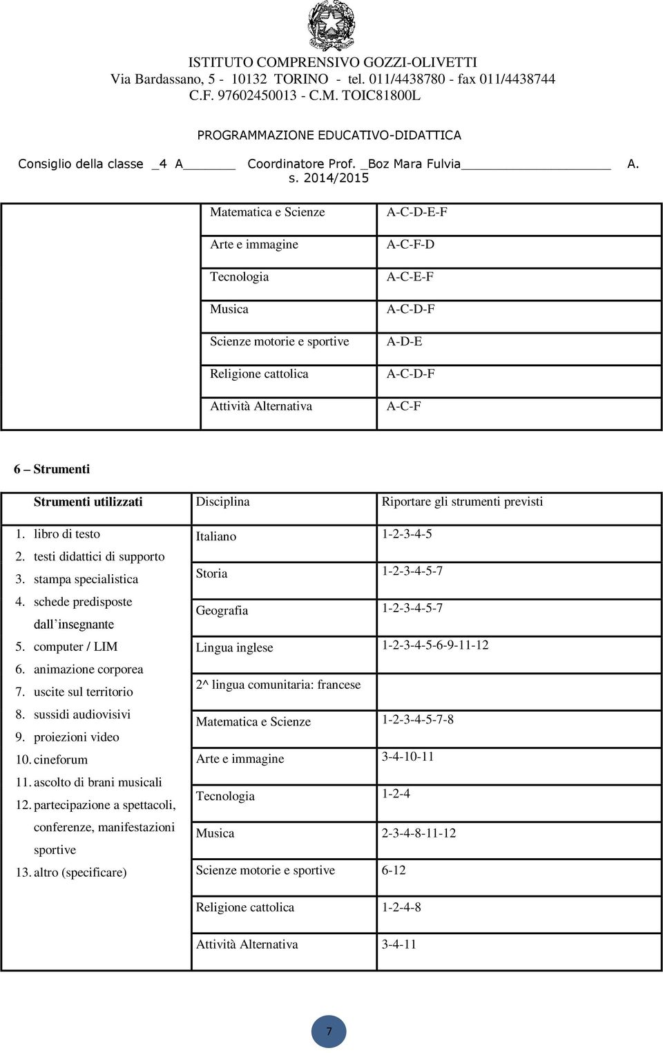 Strumenti utilizzati Disciplina Riportare gli strumenti previsti 1. libro di testo 2. testi didattici di supporto 3. stampa specialistica 4. schede predisposte dall insegnante 5. computer / LIM 6.