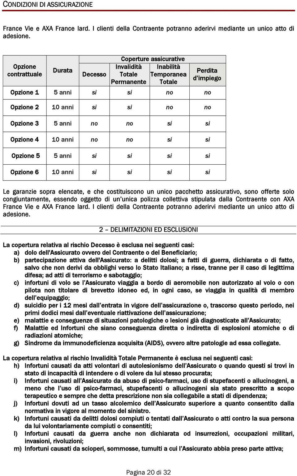 Opzione 3 5 anni no no si si Opzione 4 10 anni no no si si Opzione 5 5 anni si si si si Opzione 6 10 anni si si si si Le garanzie sopra elencate, e che costituiscono un unico pacchetto assicurativo,