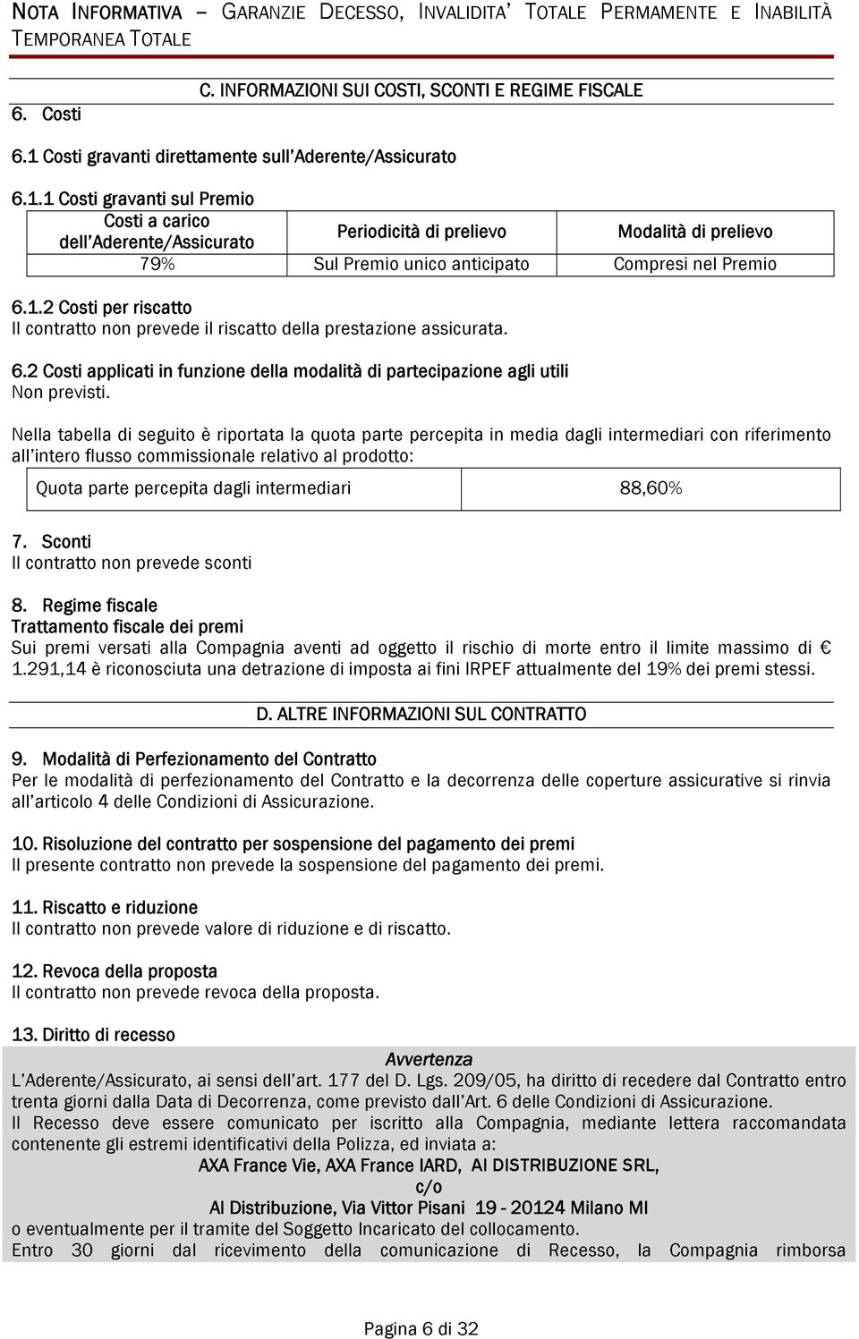 1.2 Costi per riscatto Il contratto non prevede il riscatto della prestazione assicurata. 6.2 Costi applicati in funzione della modalità di partecipazione agli utili Non previsti.