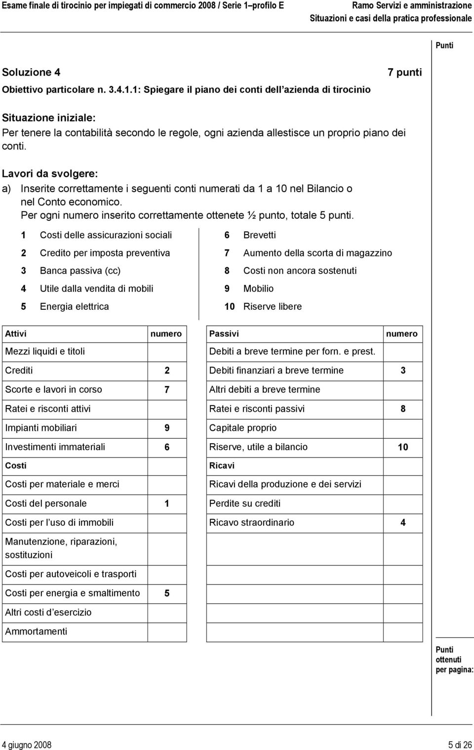 Lavori da svolgere: a) Inserite correttamente i seguenti conti numerati da 1 a 10 nel Bilancio o nel Conto economico. Per ogni numero inserito correttamente ottenete ½ punto, totale 5 punti.