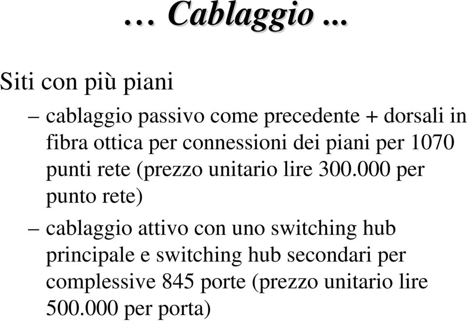 per connessioni dei piani per 1070 punti rete (prezzo unitario lire 300.