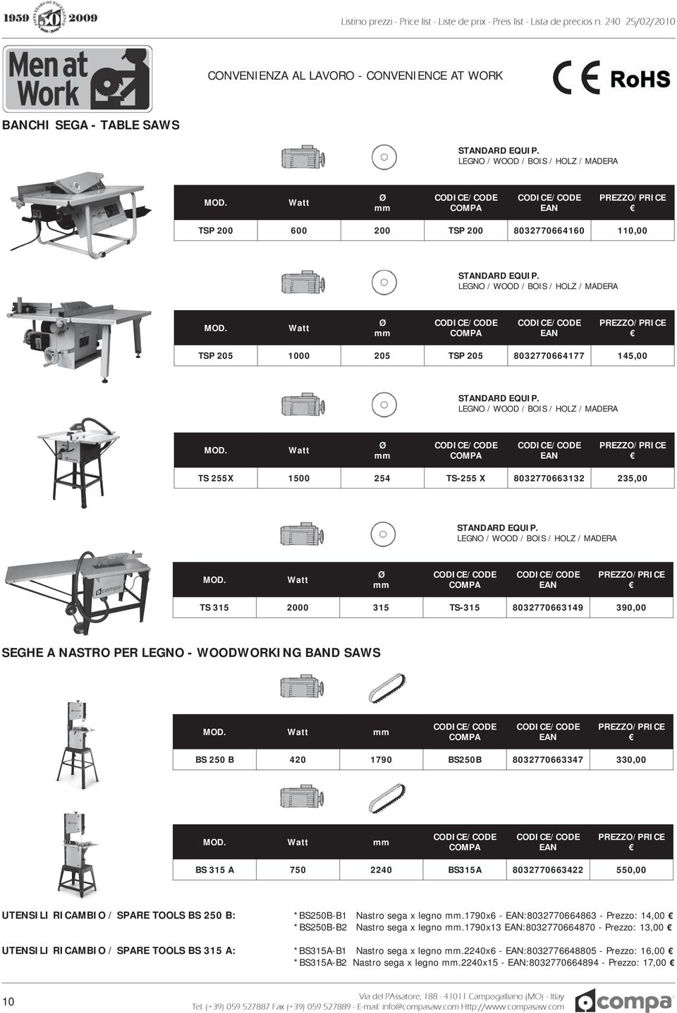 8032770663422 550,00 UTENSILI RICAMBIO / SPARE TOOLS BS 250 B: *BS250B-B1 Nastro sega x legno.1790x6 - :8032770664863 - Prezzo: 14,00 *BS250B-B2 Nastro sega x legno.