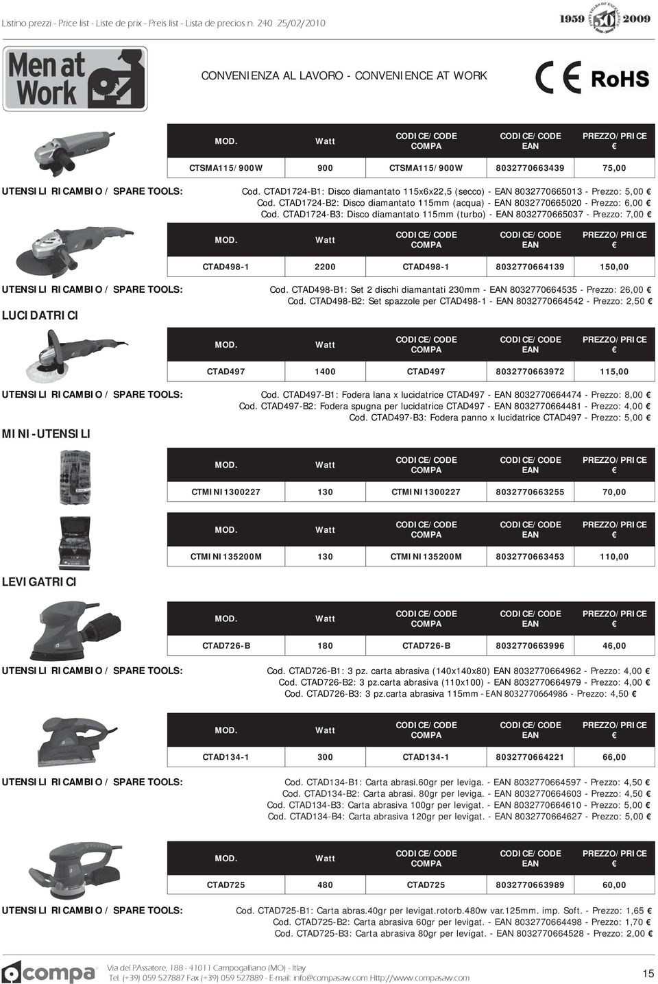 CTAD1724-B3: Disco diamantato 115 (turbo) - 8032770665037 - Prezzo: 7,00 CTAD498-1 2200 CTAD498-1 8032770664139 150,00 UTENSILI RICAMBIO / SPARE TOOLS: Cod.