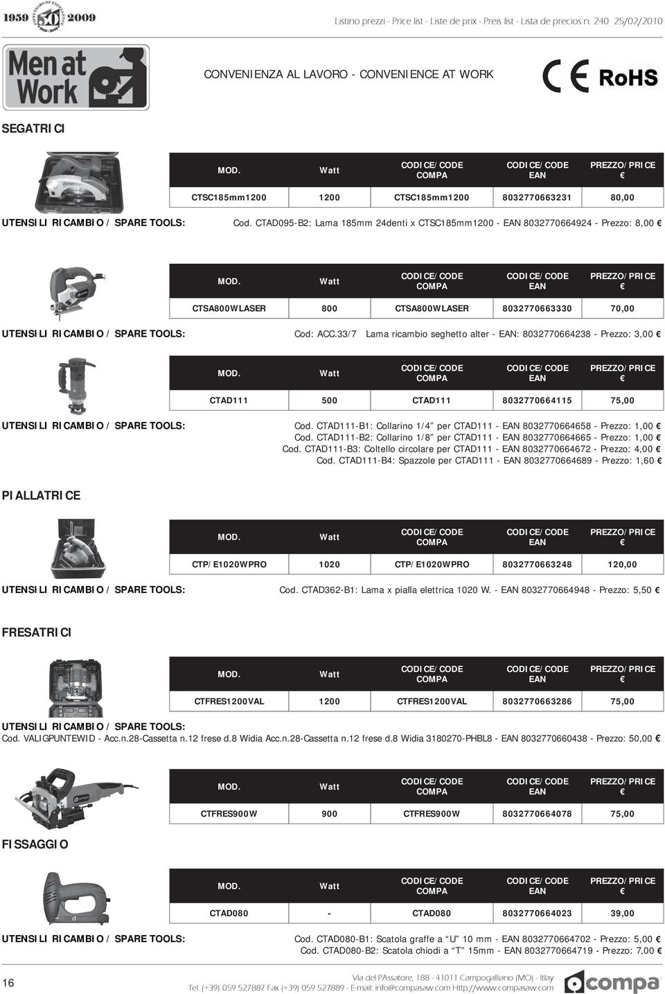 33/7 Lama ricambio seghetto alter - : 8032770664238 - Prezzo: 3,00 CTAD111 500 CTAD111 8032770664115 75,00 UTENSILI RICAMBIO / SPARE TOOLS: Cod.