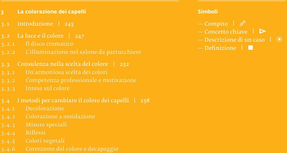 4 I metodi per cambiare il colore dei capelli 258 3.4.1 Decolorazione 3.4.2 Colorazione a ossidazione 3.4.3 Misure speciali 3.4.4 Riflessi 3.