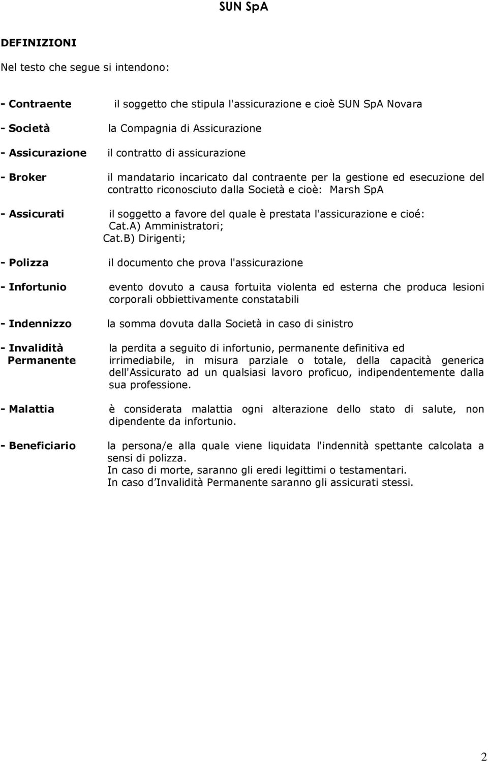 prestata l'assicurazione e cioé: Cat.A) Amministratori; Cat.