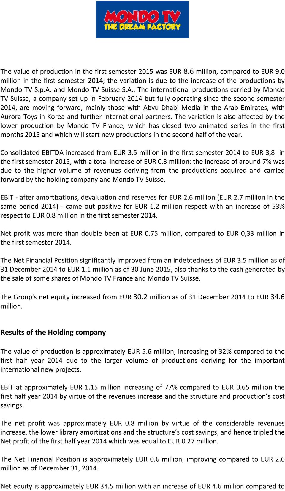 . The international productions carried by Mondo TV Suisse, a company set up in February 2014 but fully operating since the second semester 2014, are moving forward, mainly those with Abyu Dhabi