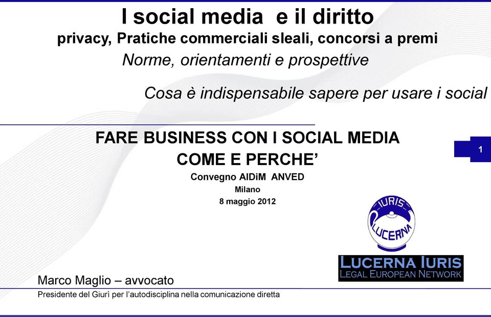 BUSINESS CON I SOCIAL MEDIA COME E PERCHE Convegno AIDiM ANVED Milano 8 maggio 2012 1