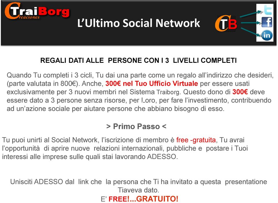 Questo dono di 300 deve essere dato a 3 persone senza risorse, per Loro, per fare l investimento, contribuendo Cycle ad un azione sociale per aiutare persone che abbiano bisogno di esso.