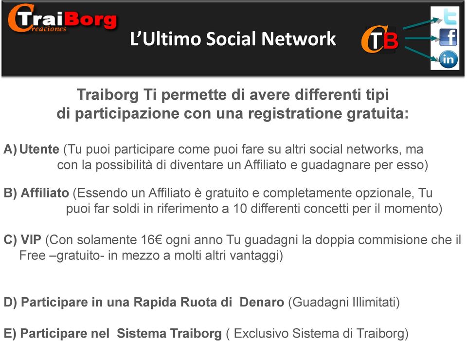 opzionale, Tu puoi far soldi in riferimento a 10 differenti concetti per il momento) C) VIP (Con solamente 16 ogni anno Tu guadagni la doppia commisione che il Free