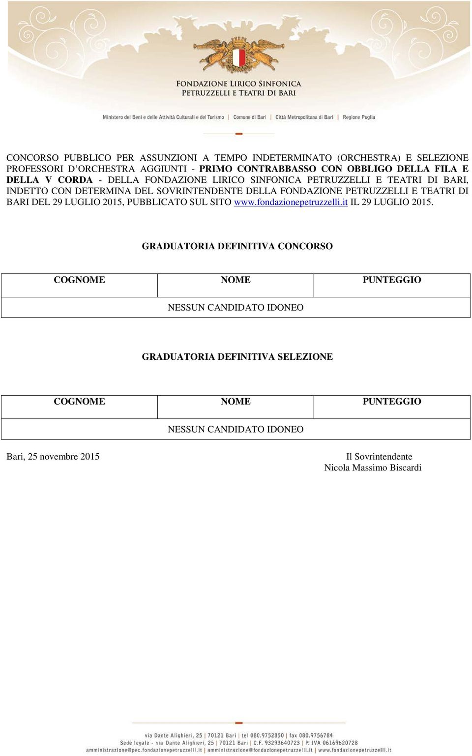 SOVRINTENDENTE DELLA FONDAZIONE PETRUZZELLI E TEATRI DI BARI DEL 29 LUGLIO 2015, PUBBLICATO