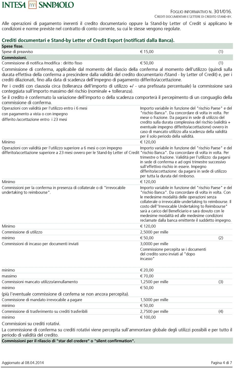 Commissione di notifica /modifica : diritto fisso 50,00 (1) Commissione di conferma, applicabile dal momento del rilascio della conferma al momento dell'utilizzo (quindi sulla durata effettiva della