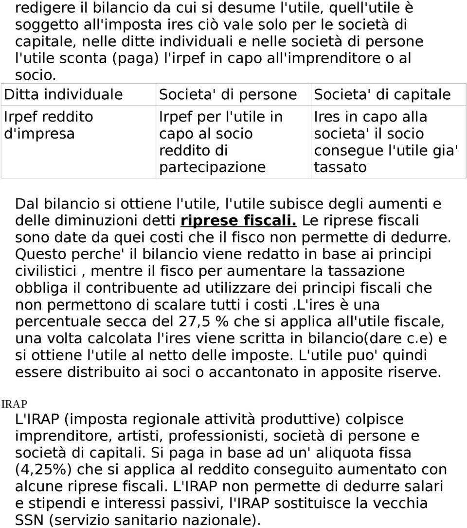 Ditta individuale Societa' di persone Societa' di capitale Irpef reddito d'impresa Irpef per l'utile in capo al socio reddito di partecipazione Ires in capo alla societa' il socio consegue l'utile