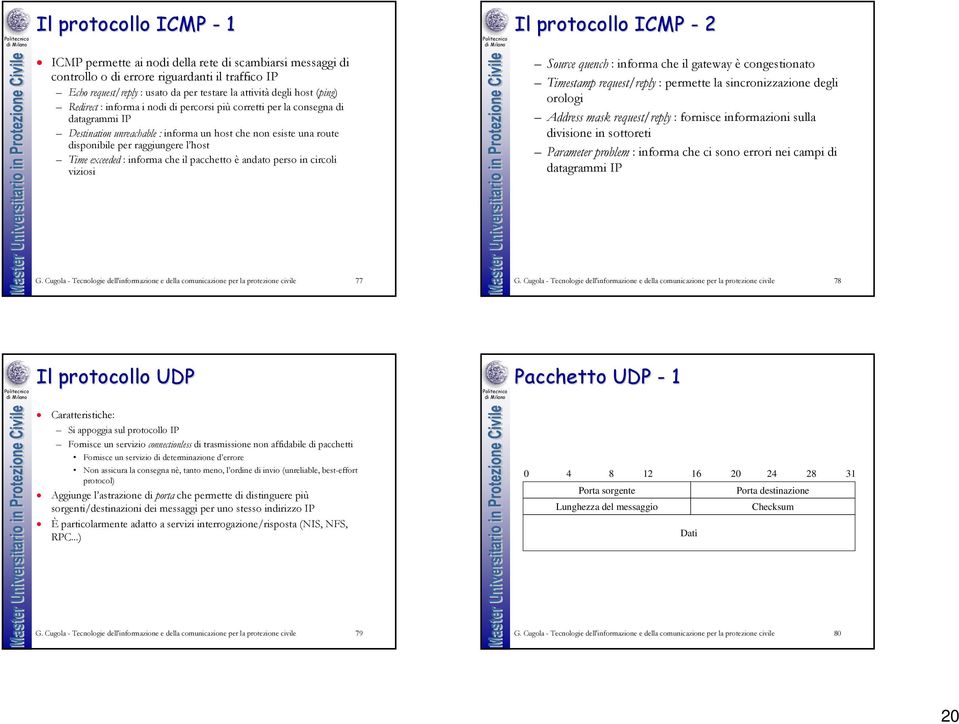 exceeded : informa che il pacchetto è andato perso in circoli viziosi Il protocollo ICMP - 2 Source quench : informa che il gateway è congestionato Timestamp request/reply : permette la