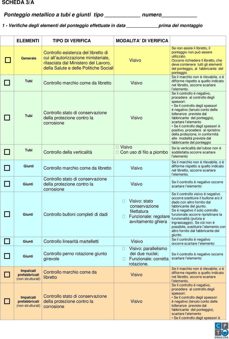 Giunti Controllo bulloni completi di dadi Con uso di filo a piombo Giunti Controllo linearità martelletti Giunti (non strutturali) (non strutturali) Controllo perno rotazione giunto girevole : stato