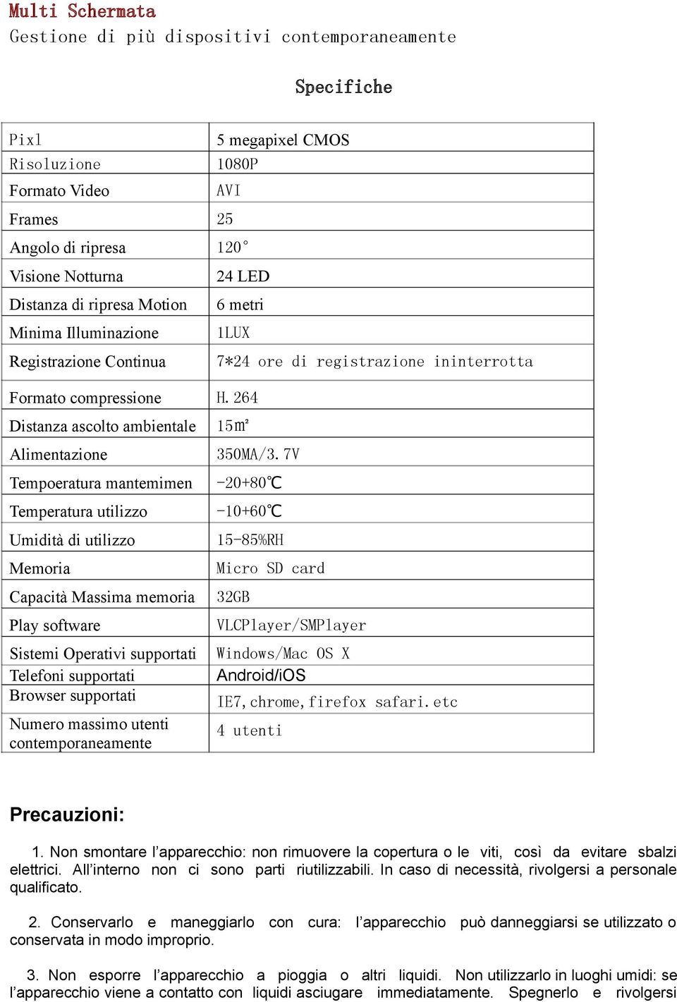 7V Tempoeratura mantemimen -20+80 Temperatura utilizzo -10+60 Umidità di utilizzo Memoria Capacità Massima memoria Play software Sistemi Operativi supportati Telefoni supportati Browser supportati