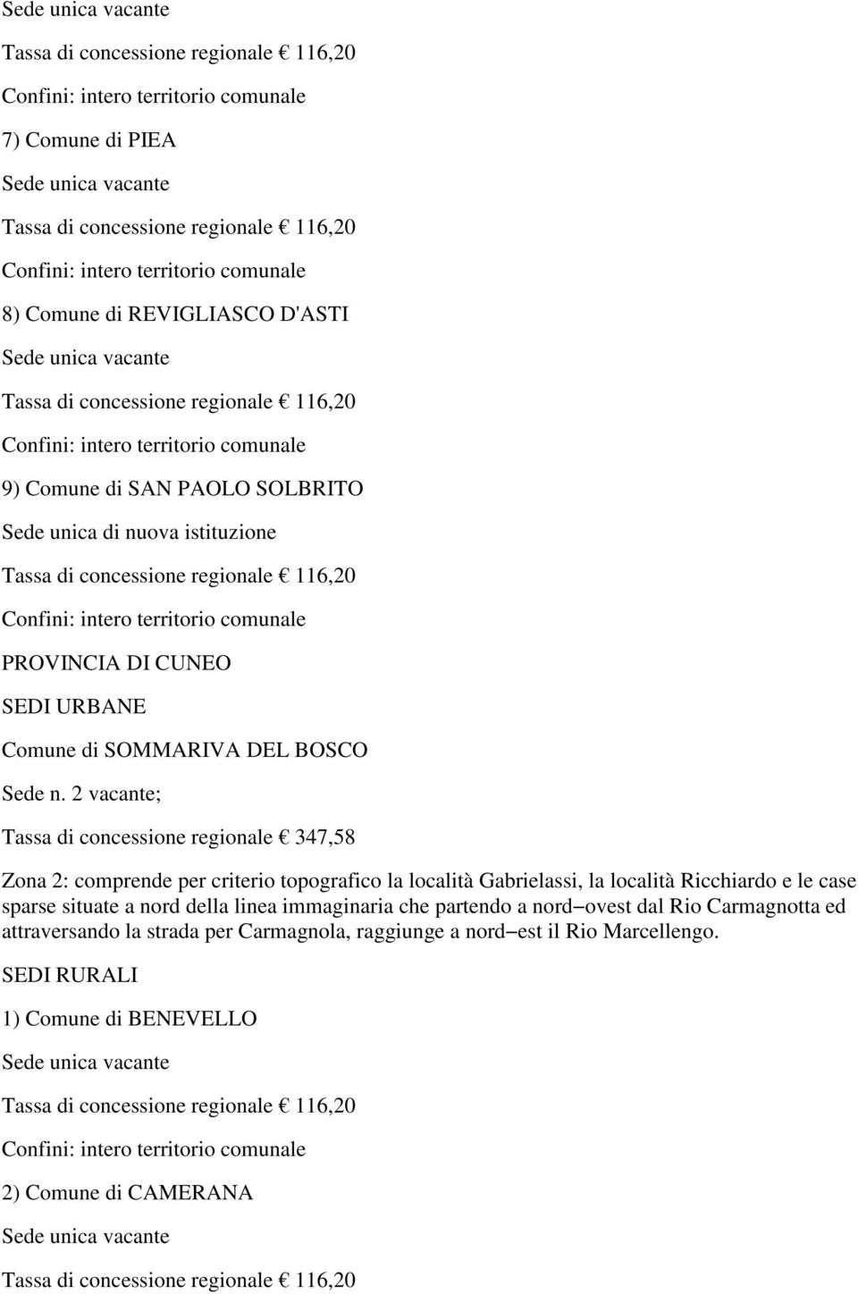 2 vacante; Tassa di concessione regionale 347,58 Zona 2: comprende per criterio topografico la località Gabrielassi, la località