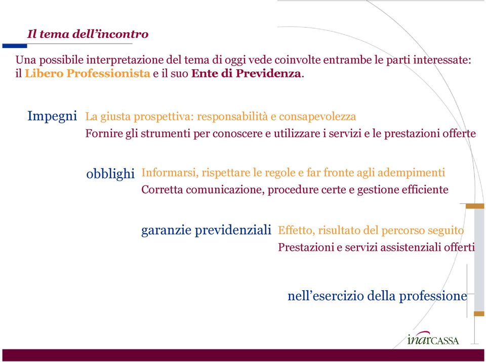 Impegni La giusta prospettiva: responsabilità e consapevolezza Fornire gli strumenti per conoscere e utilizzare i servizi e le prestazioni offerte