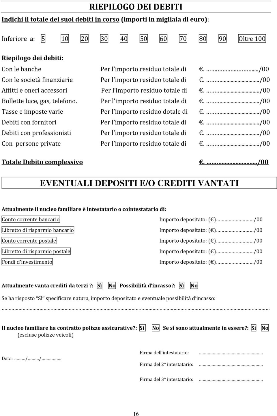 .../00 Debiti cn frnitri Per l imprt residu ttale di..../00 Debiti cn prfessinisti Per l imprt residu ttale di..../00 Cn persne private Per l imprt residu ttale di..../00 Ttale Debit cmplessiv.