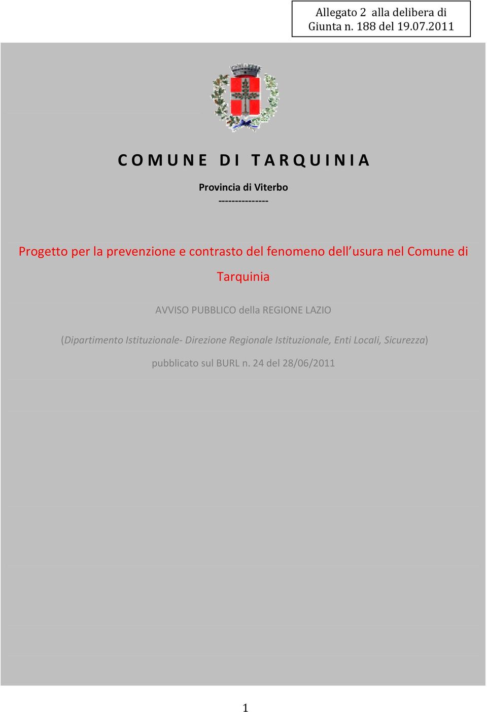 contrasto del fenomeno dell usura nel Comune di Tarquinia AVVISO PUBBLICO della REGIONE