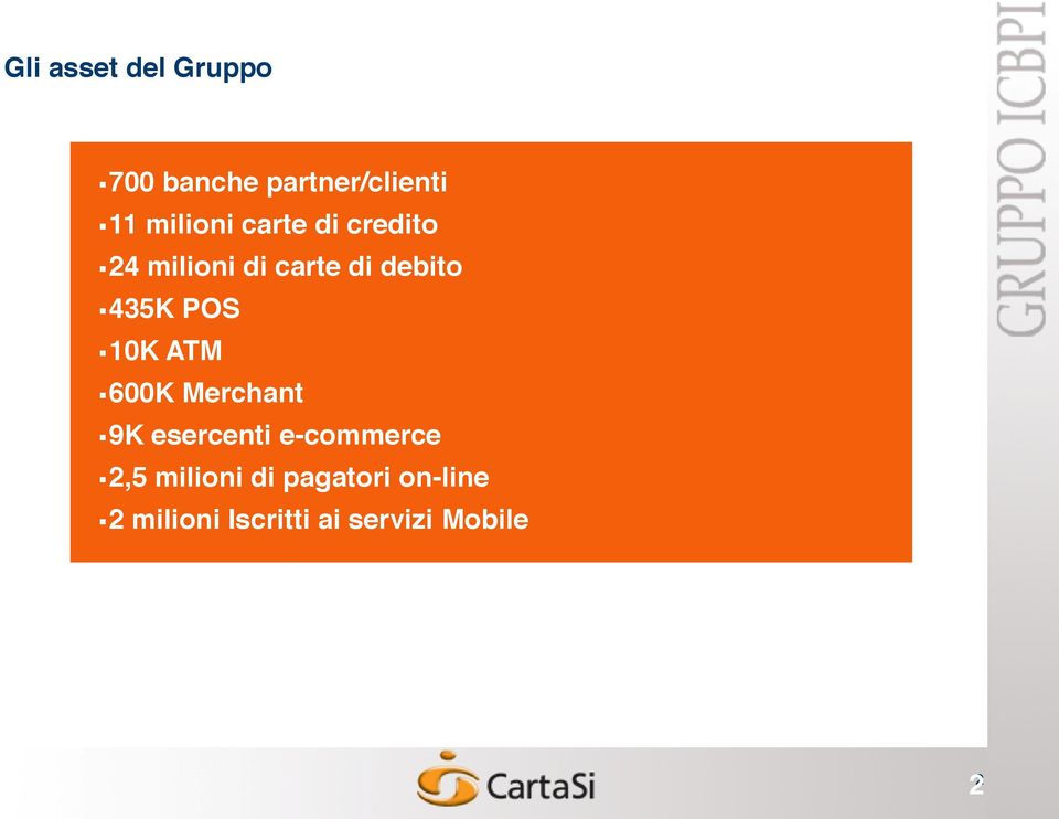 435K POS 10K ATM 600K Merchant 9K esercenti e-commerce