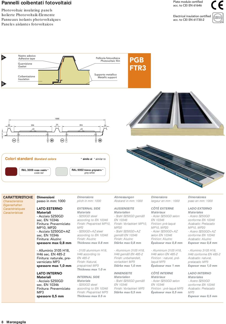 to CEI EN 61730-2 A B Nastro adesivo Adhesive tape Guarnizione Gasket Coibentazione Insulation Pellicola fotovoltaica Photovoltaic film Supporto metallico Metallic support PGB FTR3 22 394 25 394 25 S