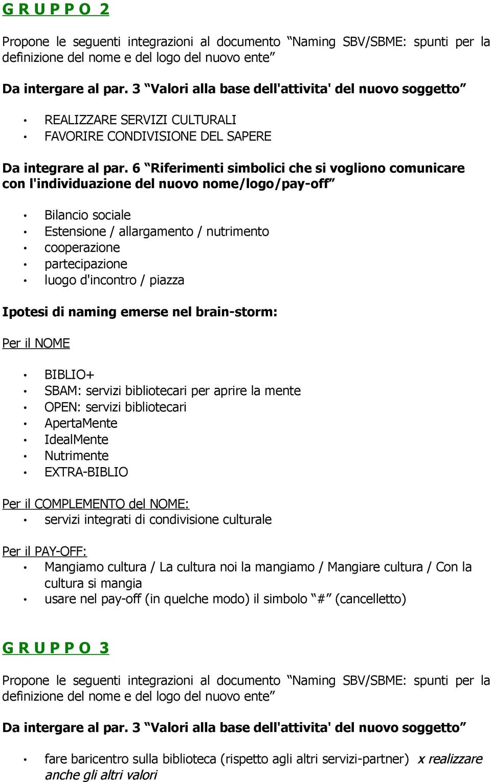 6 Riferimenti simbolici che si vogliono comunicare con l'individuazione del nuovo nome/logo/pay-off Bilancio sociale Estensione / allargamento / nutrimento cooperazione partecipazione luogo