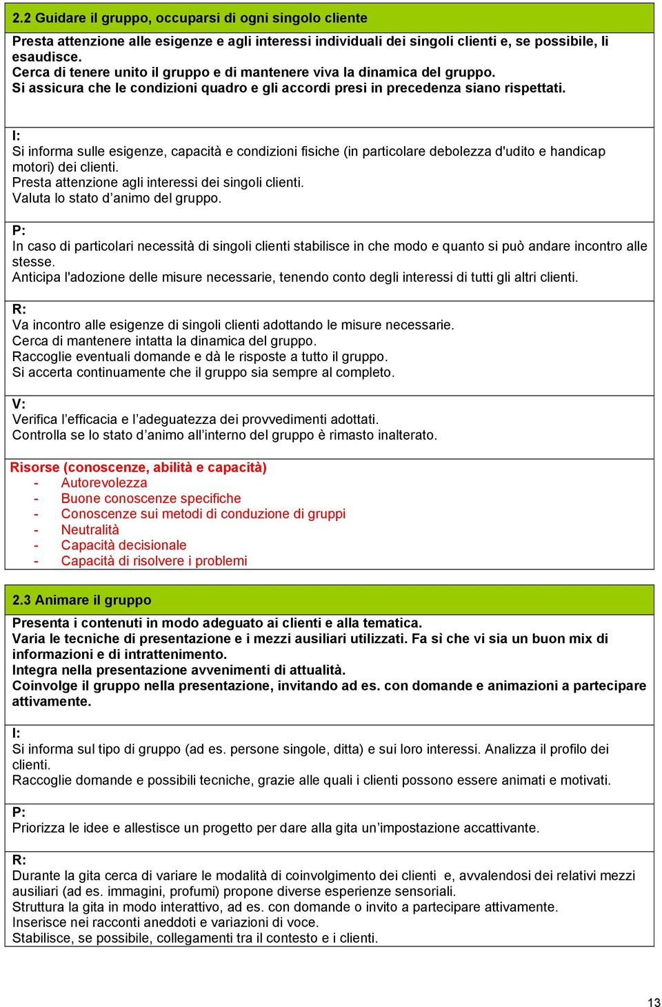 Si informa sulle esigenze, capacità e condizioni fisiche (in particolare debolezza d'udito e handicap motori) dei clienti. Presta attenzione agli interessi dei singoli clienti.