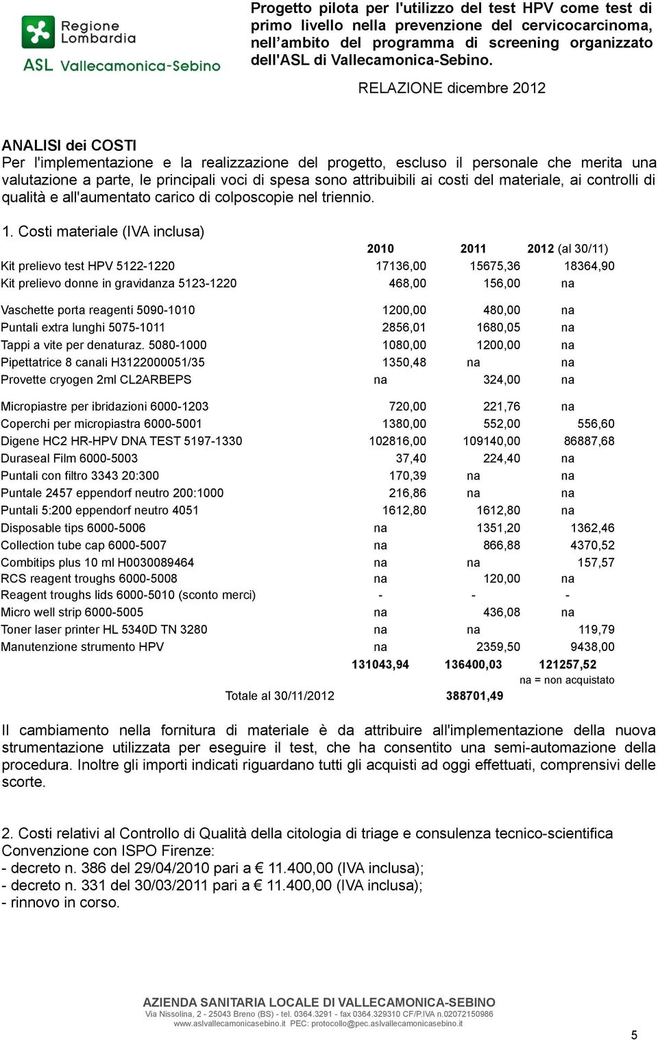 Costi materiale (IVA inclusa) 2010 (al 30/11) Kit prelievo test HPV 5122-1220 17136,00 15675,36 18364,90 Kit prelievo donne in gravidanza 5123-1220 468,00 156,00 na Vaschette porta reagenti 5090-1010