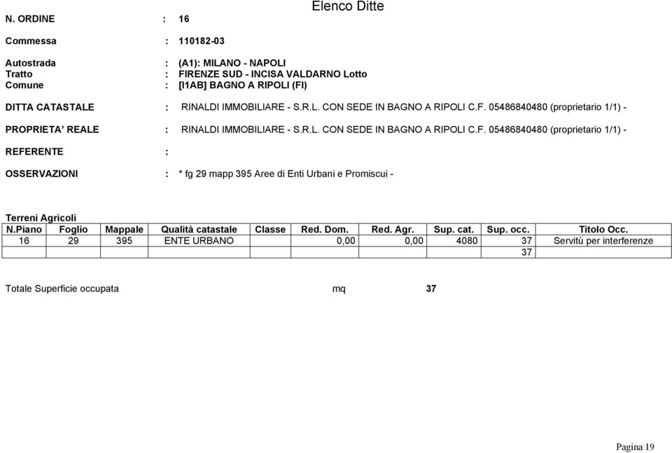 F. 05486840480 (proprietario 1/1) - * fg 29 mapp 395 Aree di Enti Urbani e Promiscui - 16 29 395