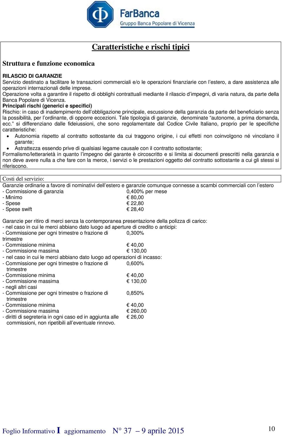 Operazione volta a garantire il rispetto di obblighi contrattuali mediante il rilascio d impegni, di varia natura, da parte della Banca Popolare di Vicenza.