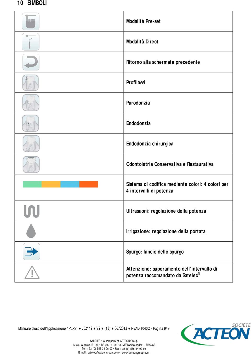 Ultrasuoni: regolazione della potenza Irrigazione: regolazione della portata Spurgo: lancio dello spurgo Attenzione: