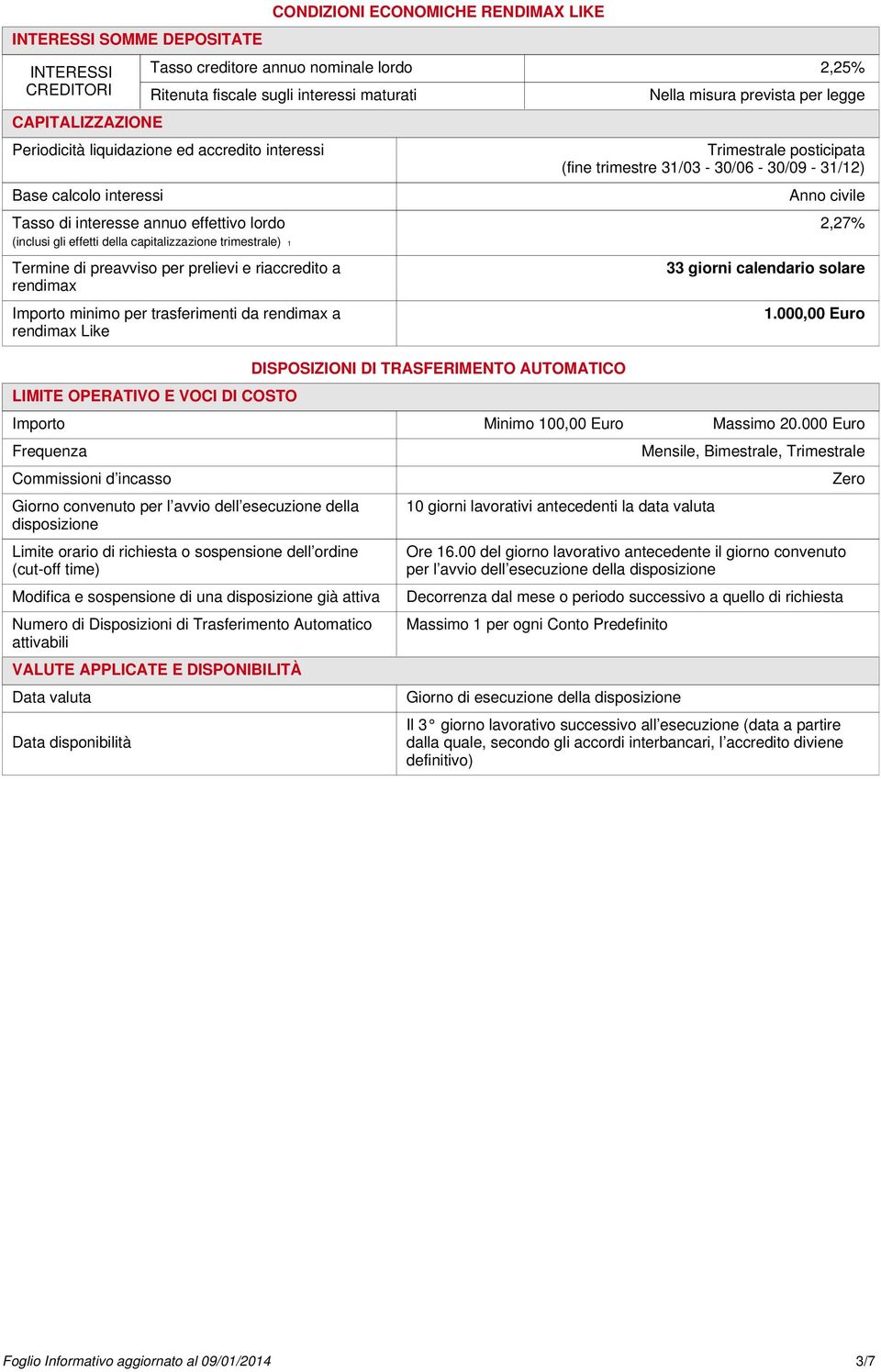 riaccredito a rendimax Importo minimo per trasferimenti da rendimax a rendimax Like LIMITE OPERATIVO E VOCI DI COSTO DISPOSIZIONI DI TRASFERIMENTO AUTOMATICO Nella misura prevista per legge