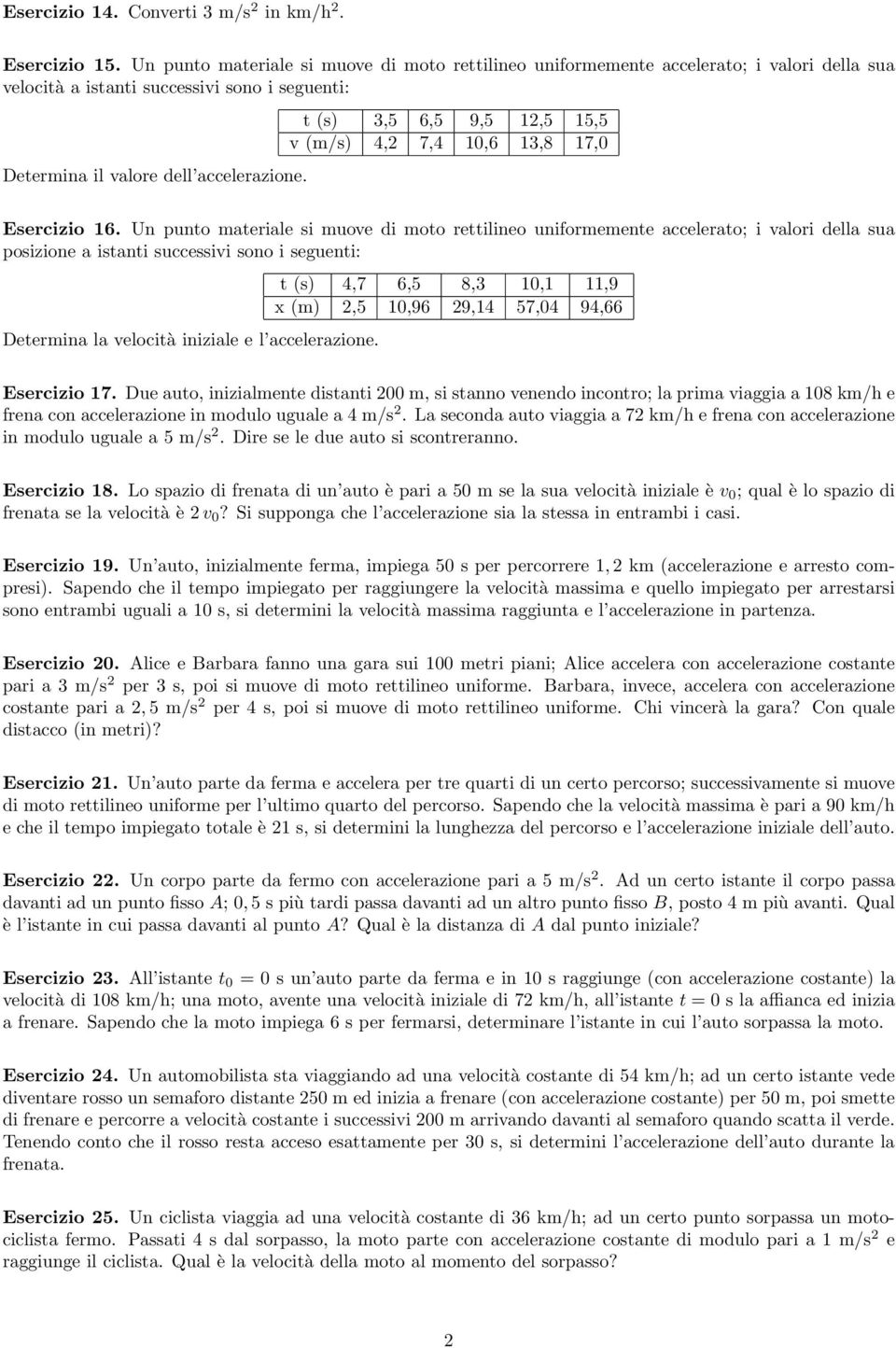 t (s) 3,5 6,5 9,5 1,5 15,5 v (m/s) 4, 7,4 10,6 13,8 17,0 Esercizio 16.