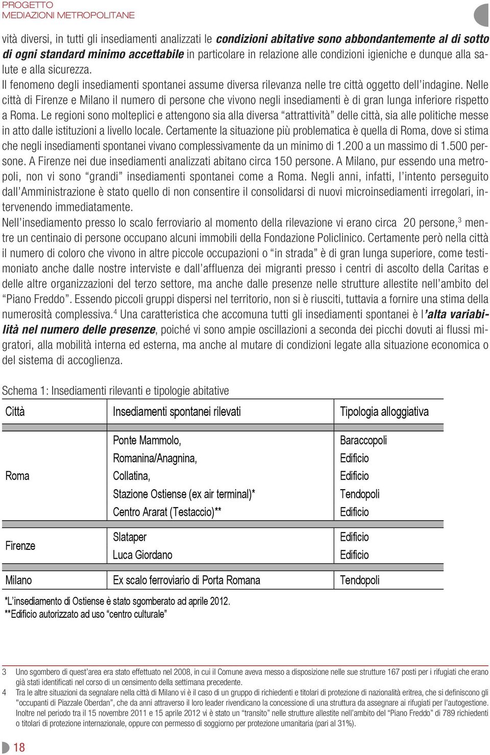 Nelle città di Firenze e Milano il numero di persone che vivono negli insediamenti è di gran lunga inferiore rispetto a Roma.