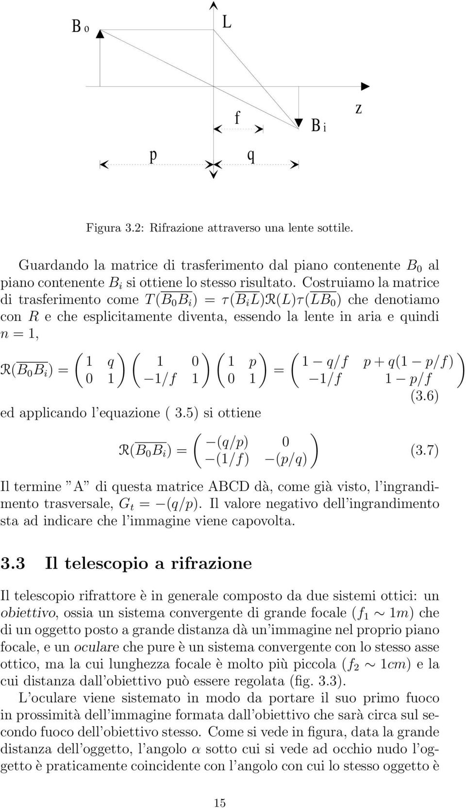 i = = 0 /f 0 /f p/f (3.6 ed applicando l equazione ( 3.5 si ottiene ( (q/p 0 R(B 0 B i = (3.7 (/f (p/q Il termine A di questa matrice ABCD dà, come già visto, l ingrandimento trasversale, G t = (q/p.