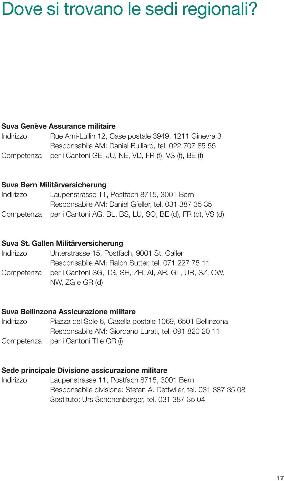 031 387 35 35 Competenza per i Cantoni AG, BL, BS, LU, SO, BE (d), FR (d), VS (d) Suva St. Gallen Militärversicherung Indirizzo Unterstrasse 15, Postfach, 9001 St.