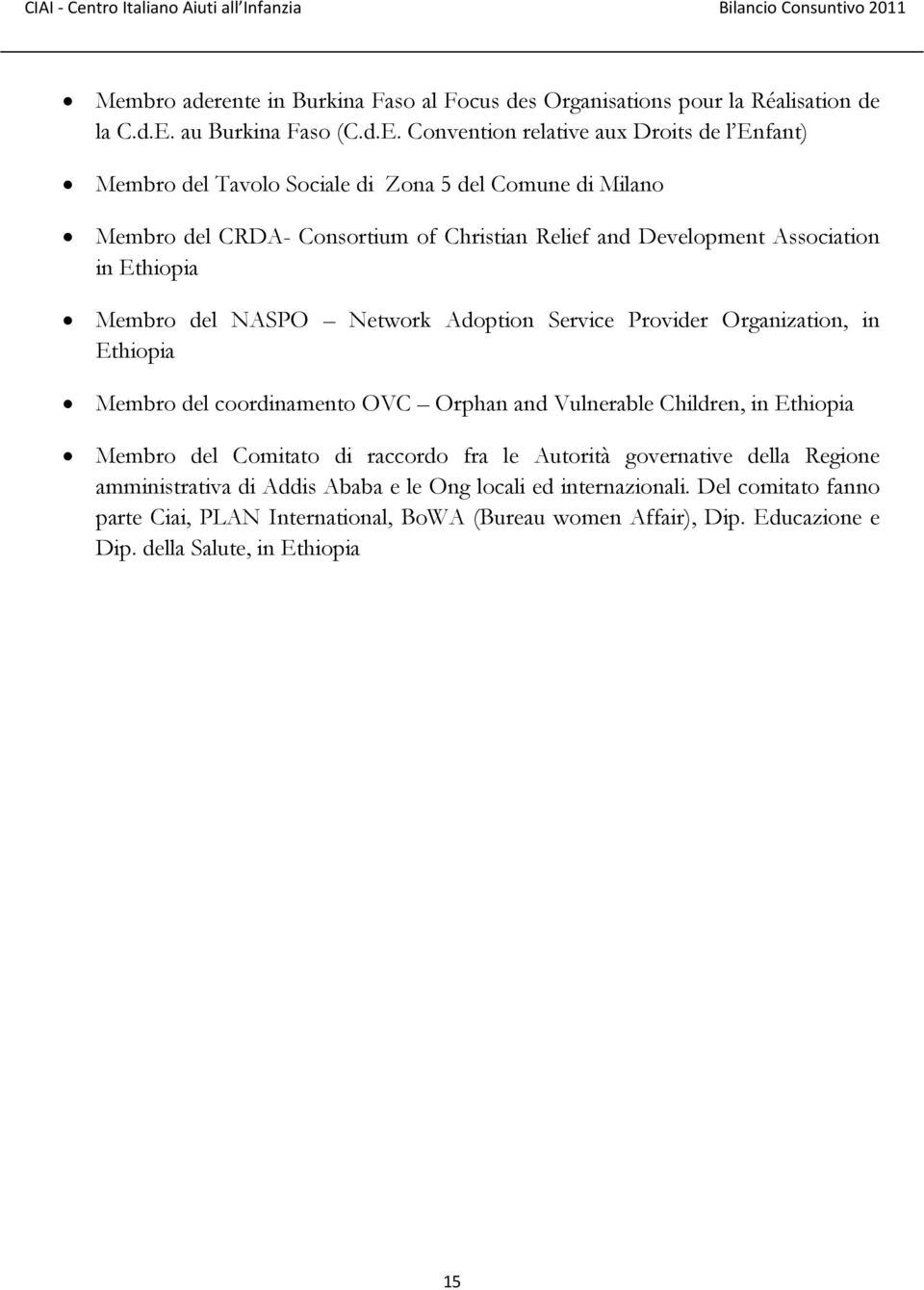 Convention relative aux Droits de l Enfant) Membro del Tavolo Sociale di Zona 5 del Comune di Milano Membro del CRDA- Consortium of Christian Relief and Development Association in