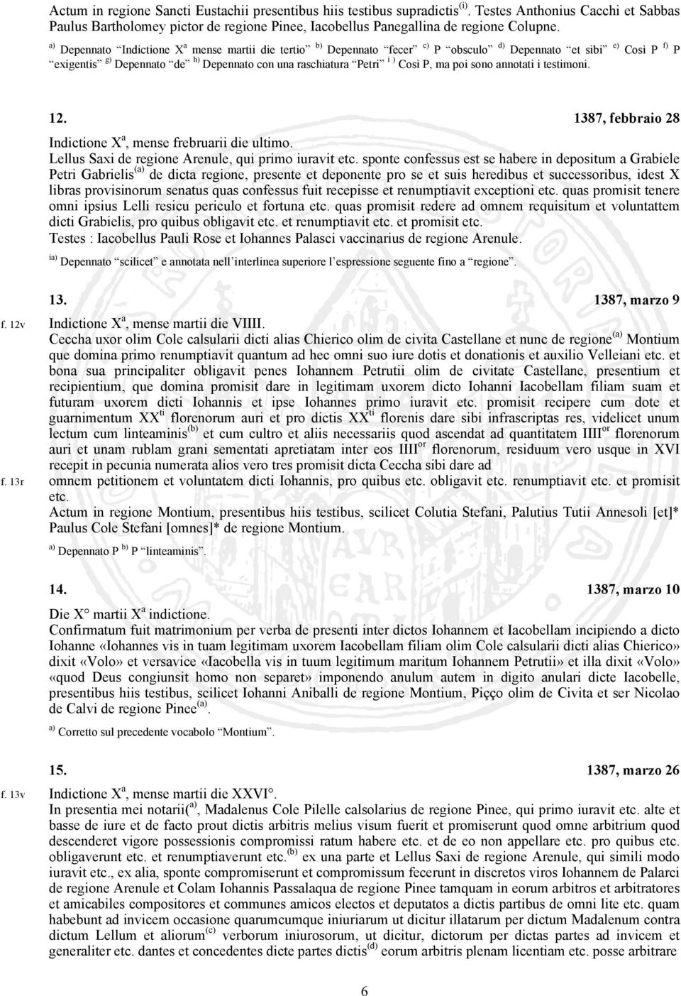 poi sono annotati i testimoni. 12. 1387, febbraio 28 Indictione X a, mense frebruarii die ultimo. Lellus Saxi de regione Arenule, qui primo iuravit etc.