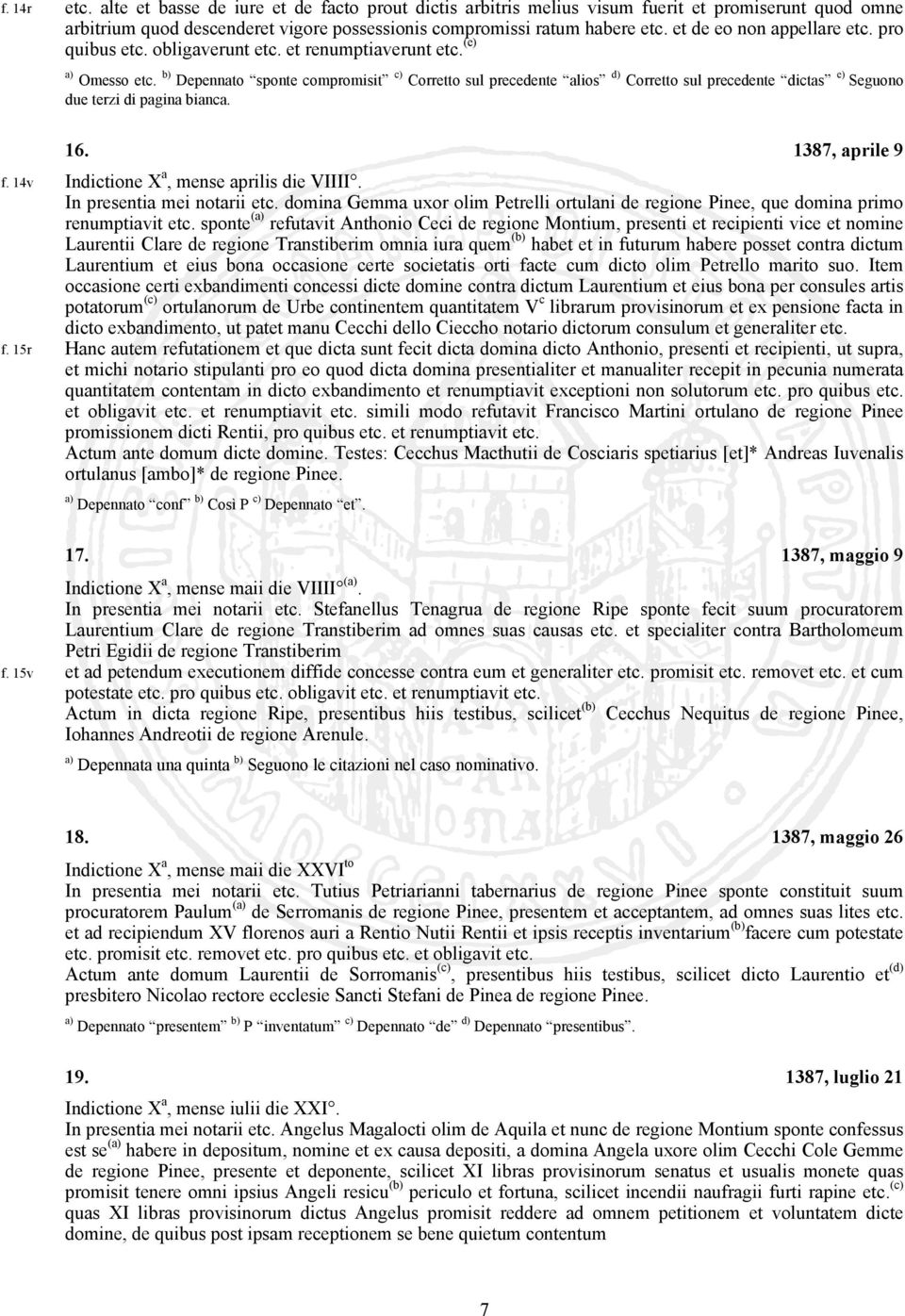 b) Depennato sponte compromisit c) Corretto sul precedente alios d) Corretto sul precedente dictas e) Seguono due terzi di pagina bianca. 16. 1387, aprile 9 f.