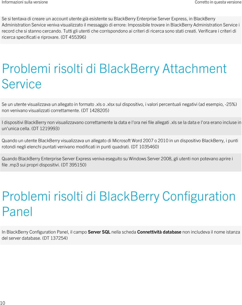 Verificare i criteri di ricerca specificati e riprovare. (DT 455396) Problemi risolti di BlackBerry Attachment Service Se un utente visualizzava un allegato in formato.xls o.