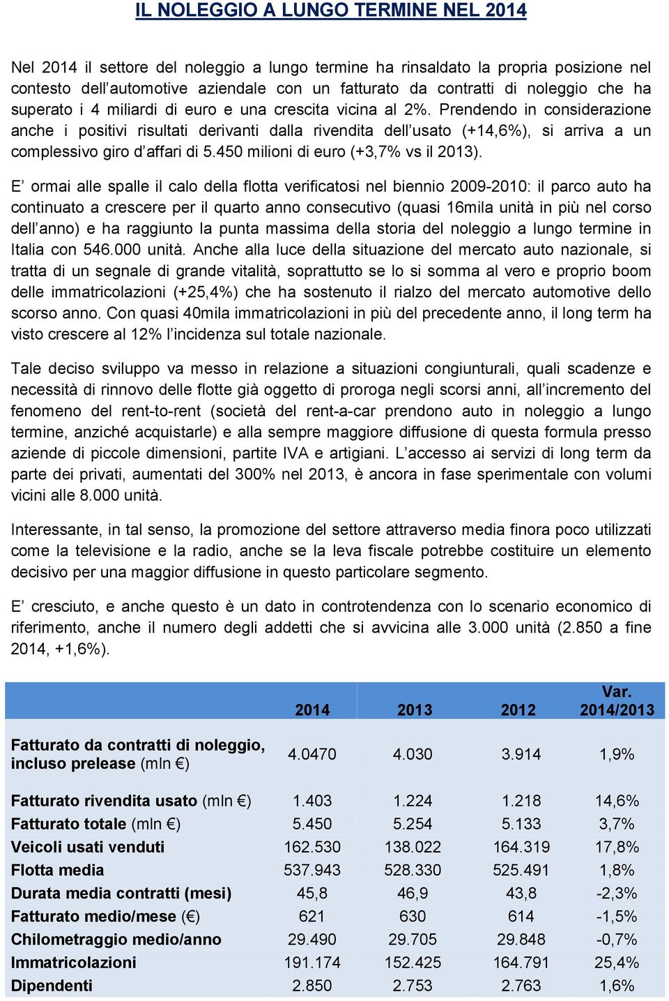 Prendendo in considerazione anche i positivi risultati derivanti dalla rivendita dell usato (+14,6%), si arriva a un complessivo giro d affari di 5.450 milioni di euro (+3,7% vs il 2013).