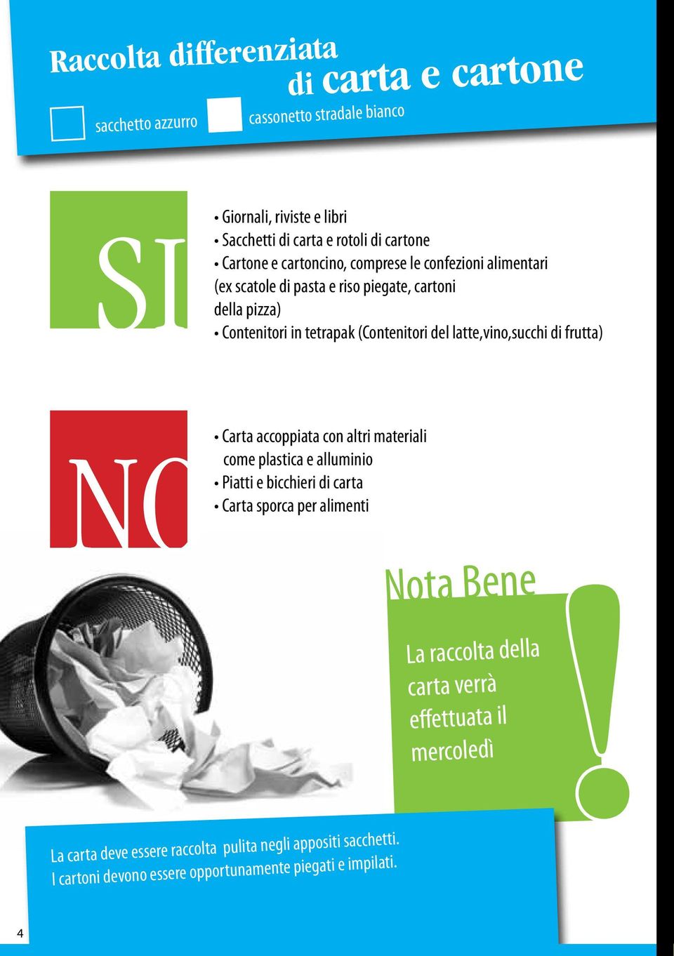 latte,vino,succhi di frutta) Carta accoppiata con altri materiali NO come plastica e alluminio Piatti e bicchieri di carta Carta sporca per alimenti Nota Bene La