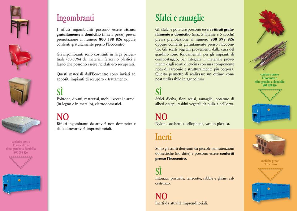 Questi materiali dall Ecocentro sono inviati ad appositi impianti di recupero e trattamento. Poltrone, divani, materassi, mobili vecchi e arredi (in legno e in metallo), elettrodomestici.