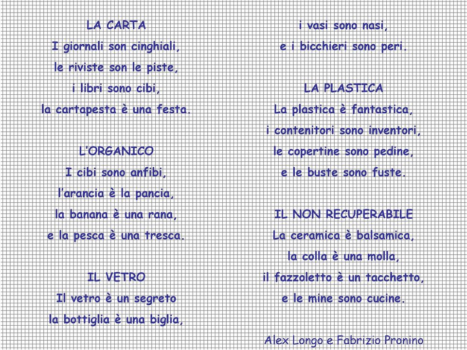 IL VETRO Il vetro è un segreto la bottiglia è una biglia, i vasi sono nasi, e i bicchieri sono peri.