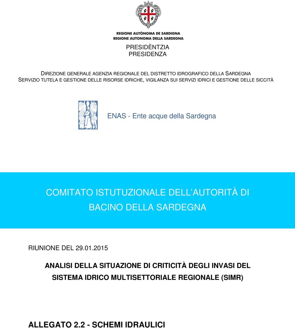 della Sardegna COMITATO ISTUTUZIONALE DELL AUTORITÀ DI BACINO DELLA SARDEGNA RIUNIONE DEL 29.01.