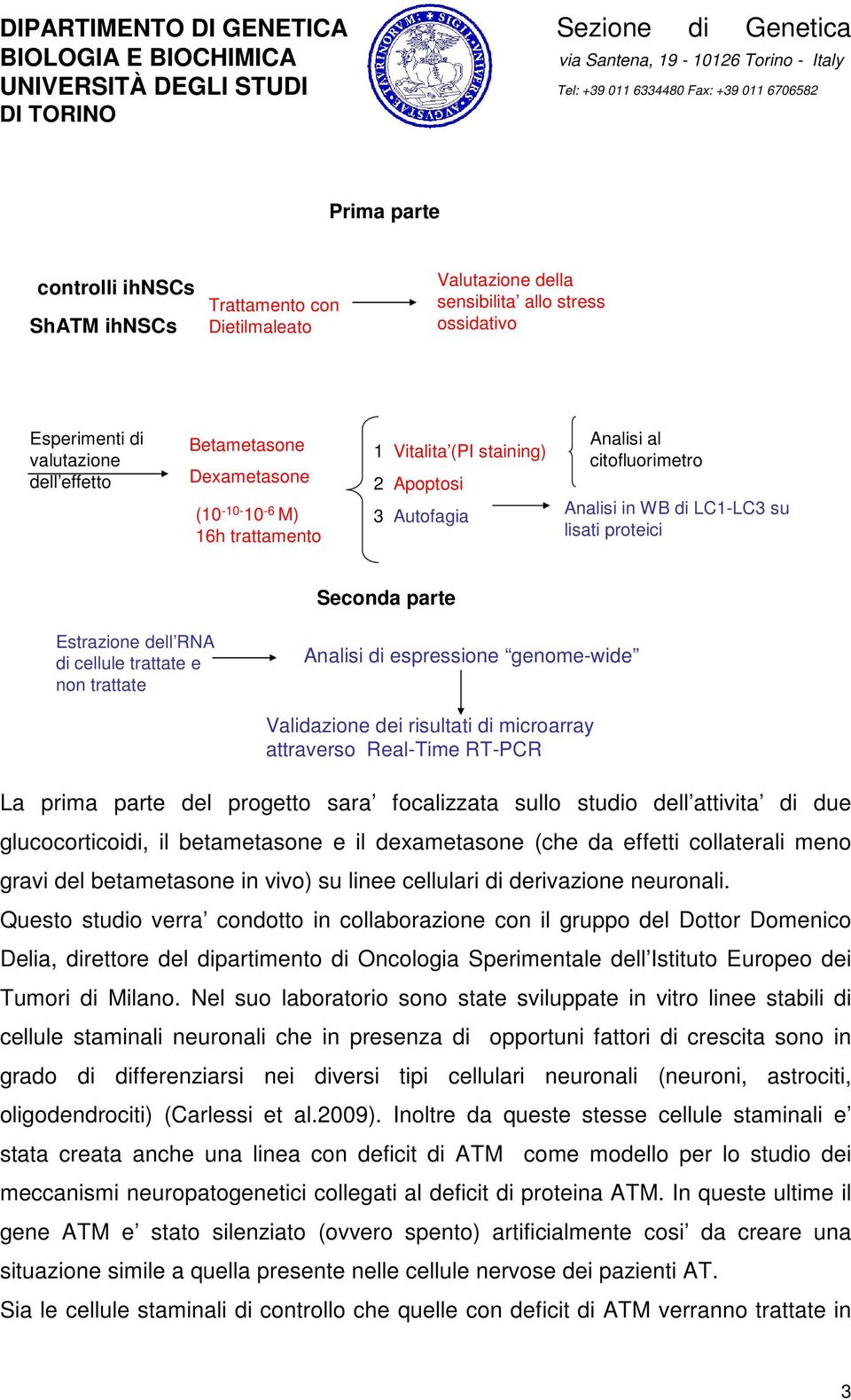 non trattate Analisi di espressione genome-wide Validazione dei risultati di microarray attraverso Real-Time RT-PCR La prima parte del progetto sara focalizzata sullo studio dell attivita di due