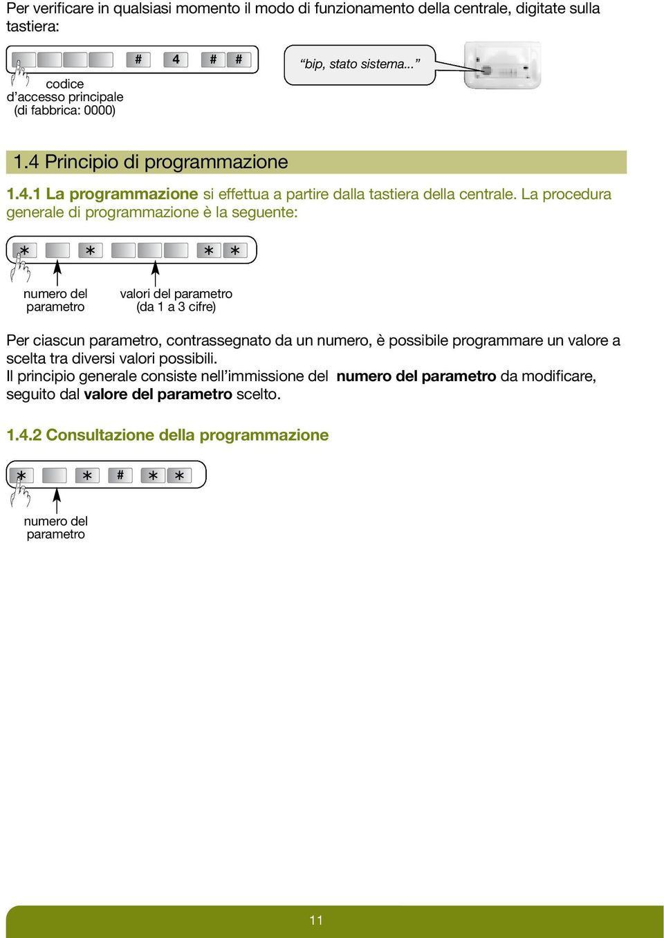 La procedura generale di programmazione è la seguente: numero del parametro valori del parametro (da 1 a 3 cifre) Per ciascun parametro, contrassegnato da un numero, è possibile